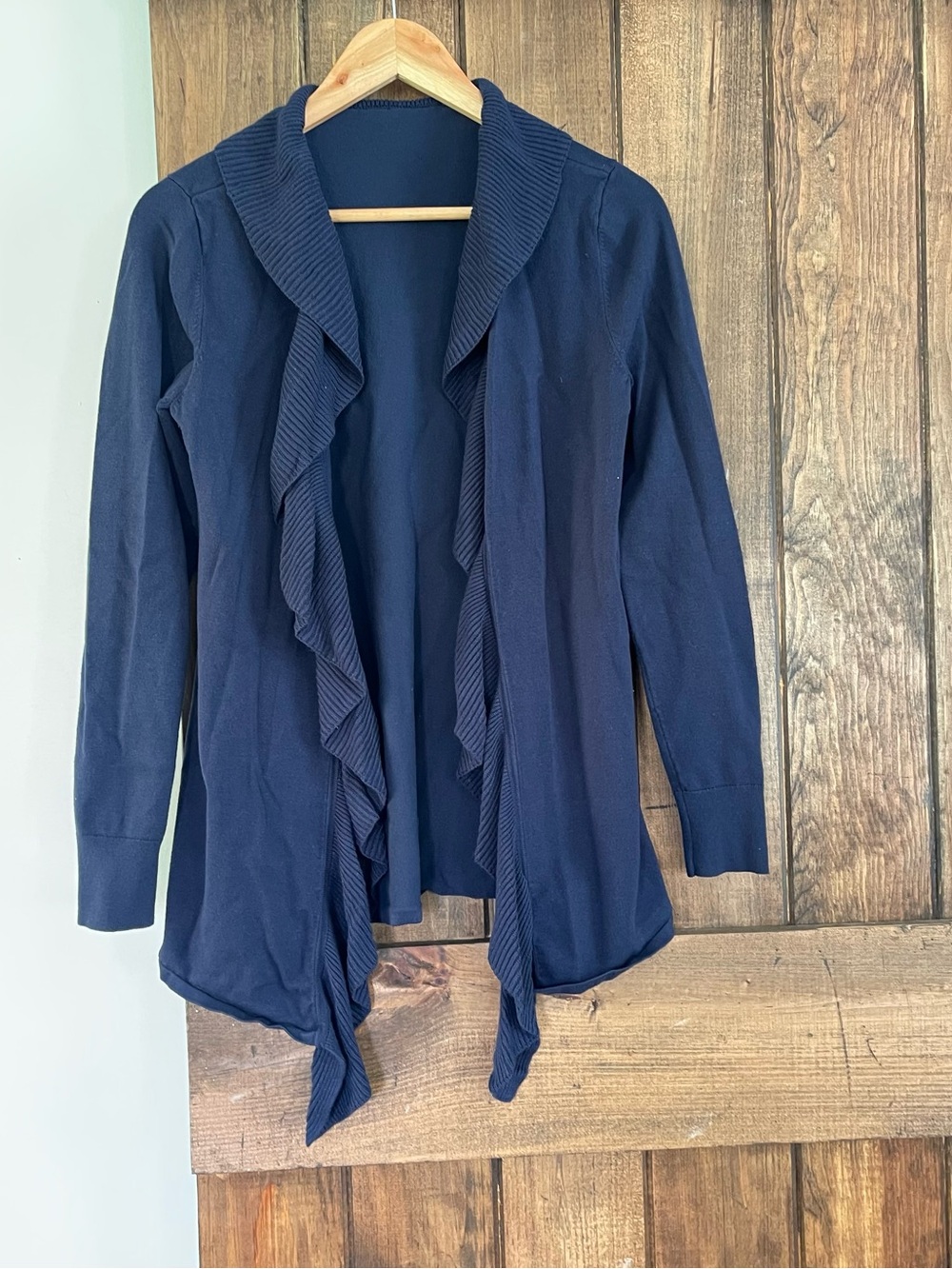White House Black Market Navy Blue Ruffle Hem Classic Open Cardigan Sweater S
